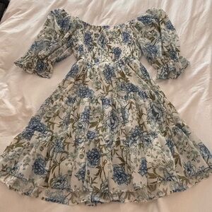 Baltic Born Blue and White Off-the-Shoulder Puff Sleeve Sundress